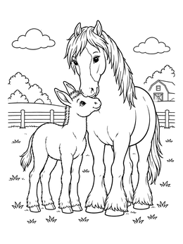 A gentle mare nuzzles her foal on this farm animals coloring page.