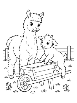 A fluffy alpaca stands next to a wooden wheelbarrow on this farm animals coloring page.