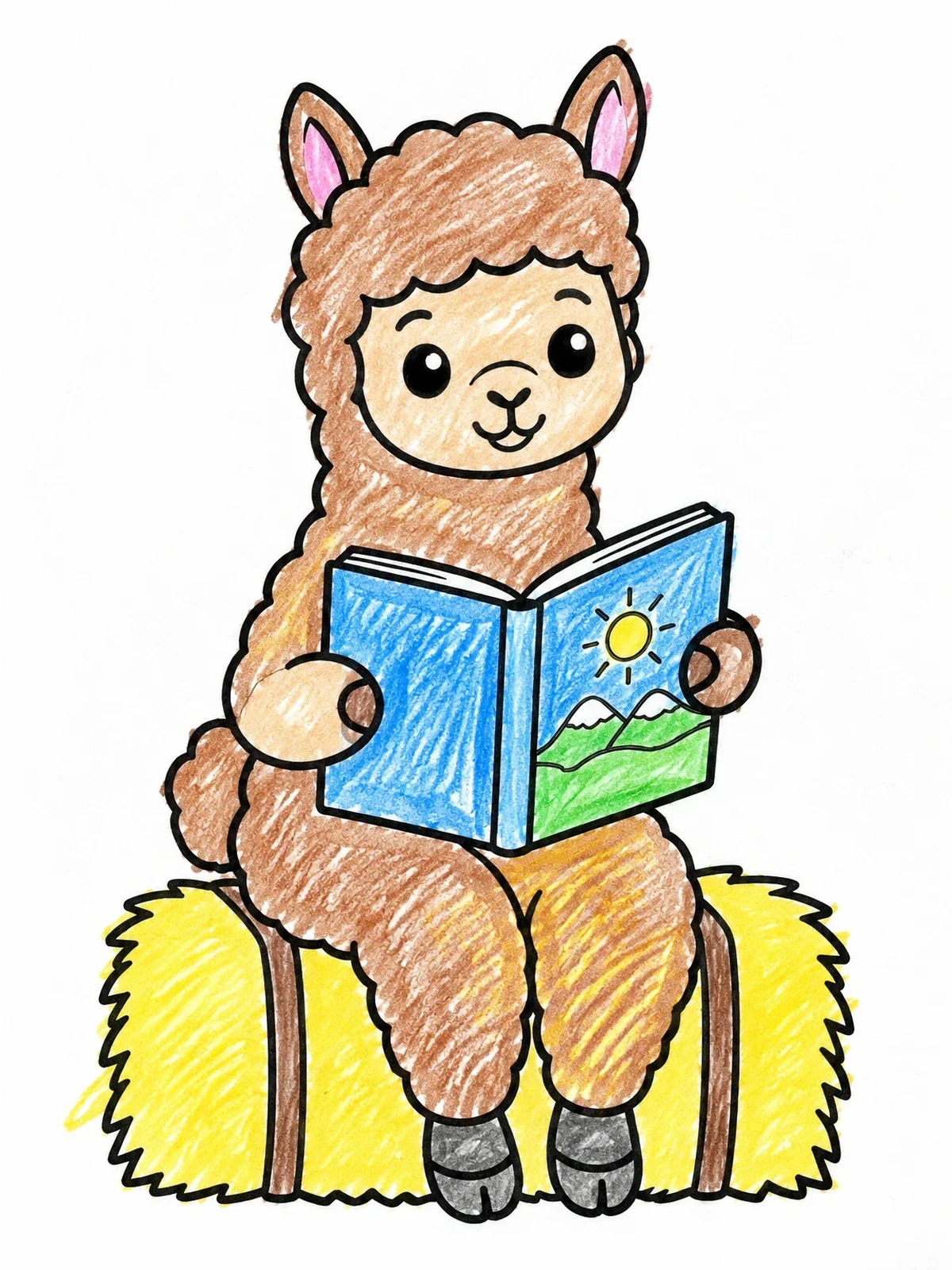 Colored example of the Cute Alpaca Reading On Hay Bale coloring page