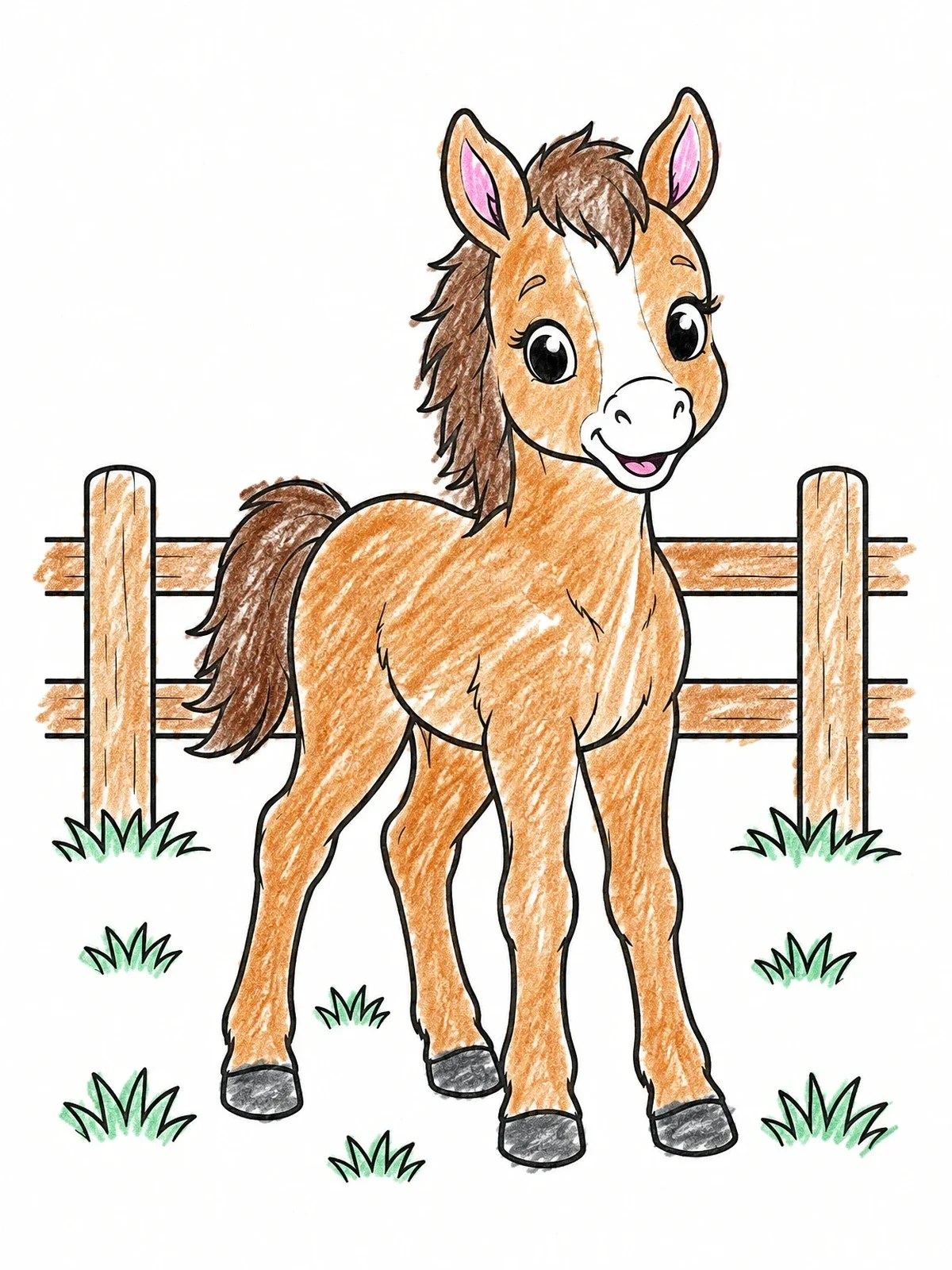 Colored example of the Cute Baby Foal By The Fence coloring page