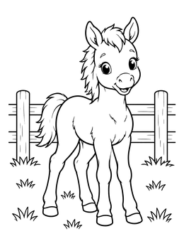 A sweet little foal standing in a pasture in this farm animals coloring page.