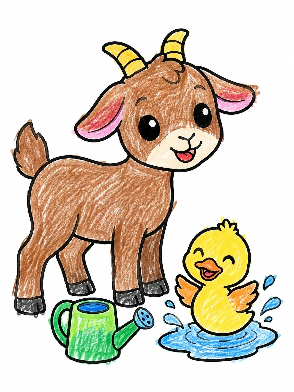 Colored example of the Cute Baby Goat And Splashing Duckling coloring page