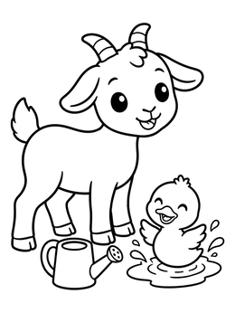 Free printable Cute Baby Goat And Splashing Duckling coloring page