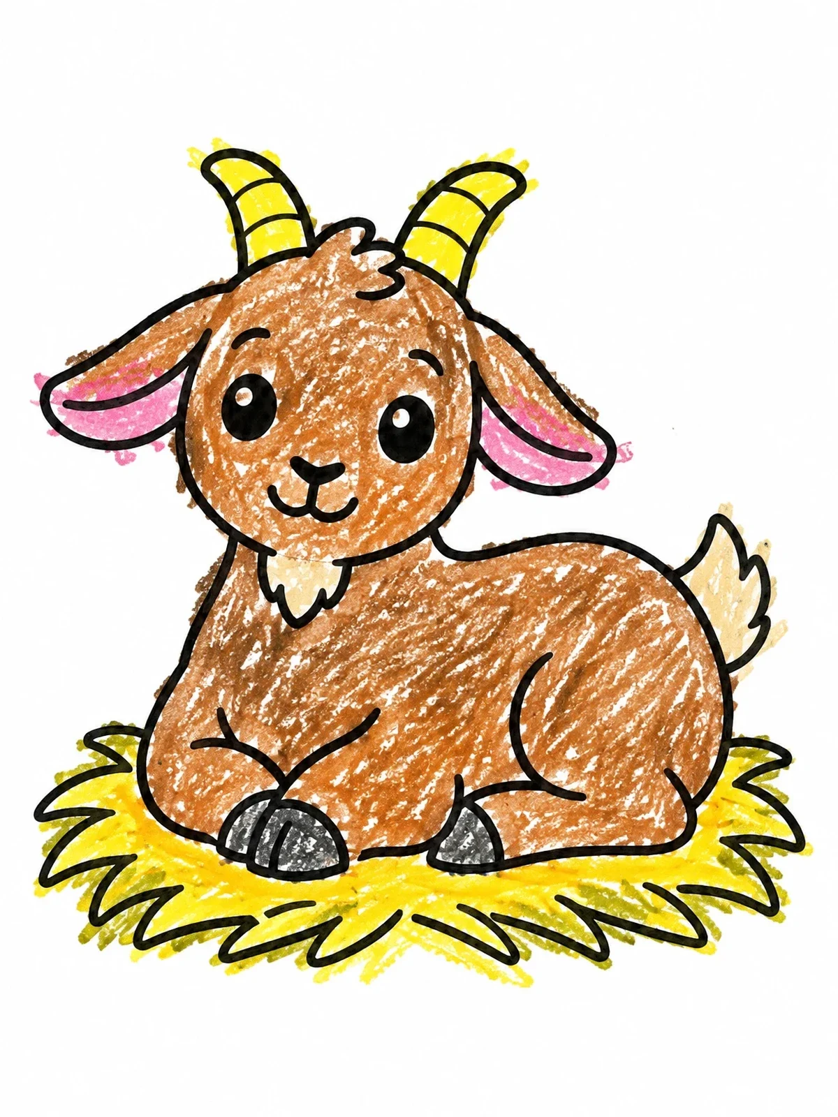Colored example of the Cute Baby Goat Resting On Straw coloring page
