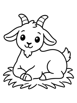 A cute baby goat resting on straw in this farm animals coloring page.
