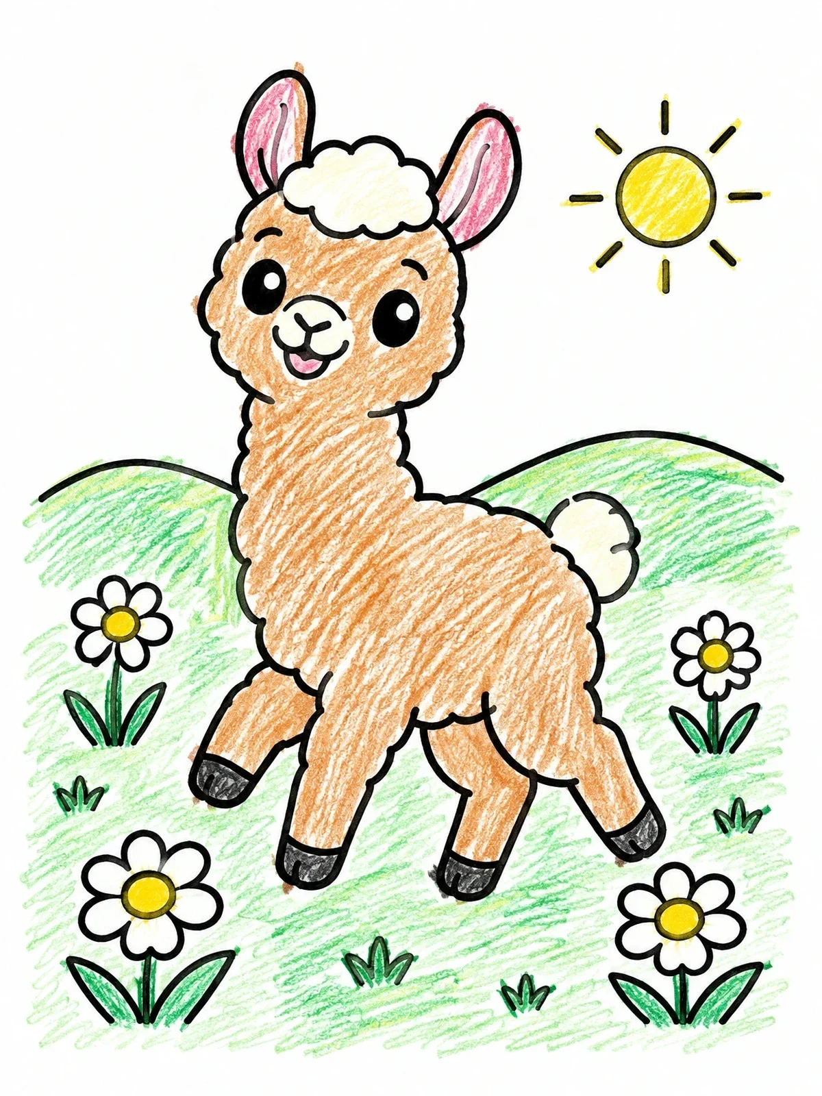 Colored example of the Cute Baby Llama In Meadow coloring page