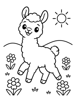 A cute baby llama walks in a sunny field on this farm animals coloring page.