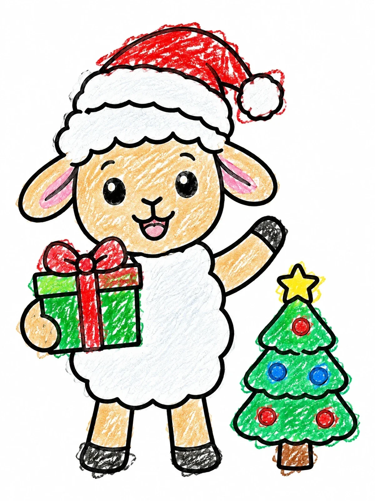 Colored example of the Cute Christmas Sheep With Gift coloring page
