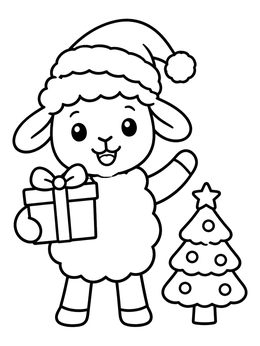 A cheerful lamb in a Santa hat on this farm animals coloring page next to a small tree.