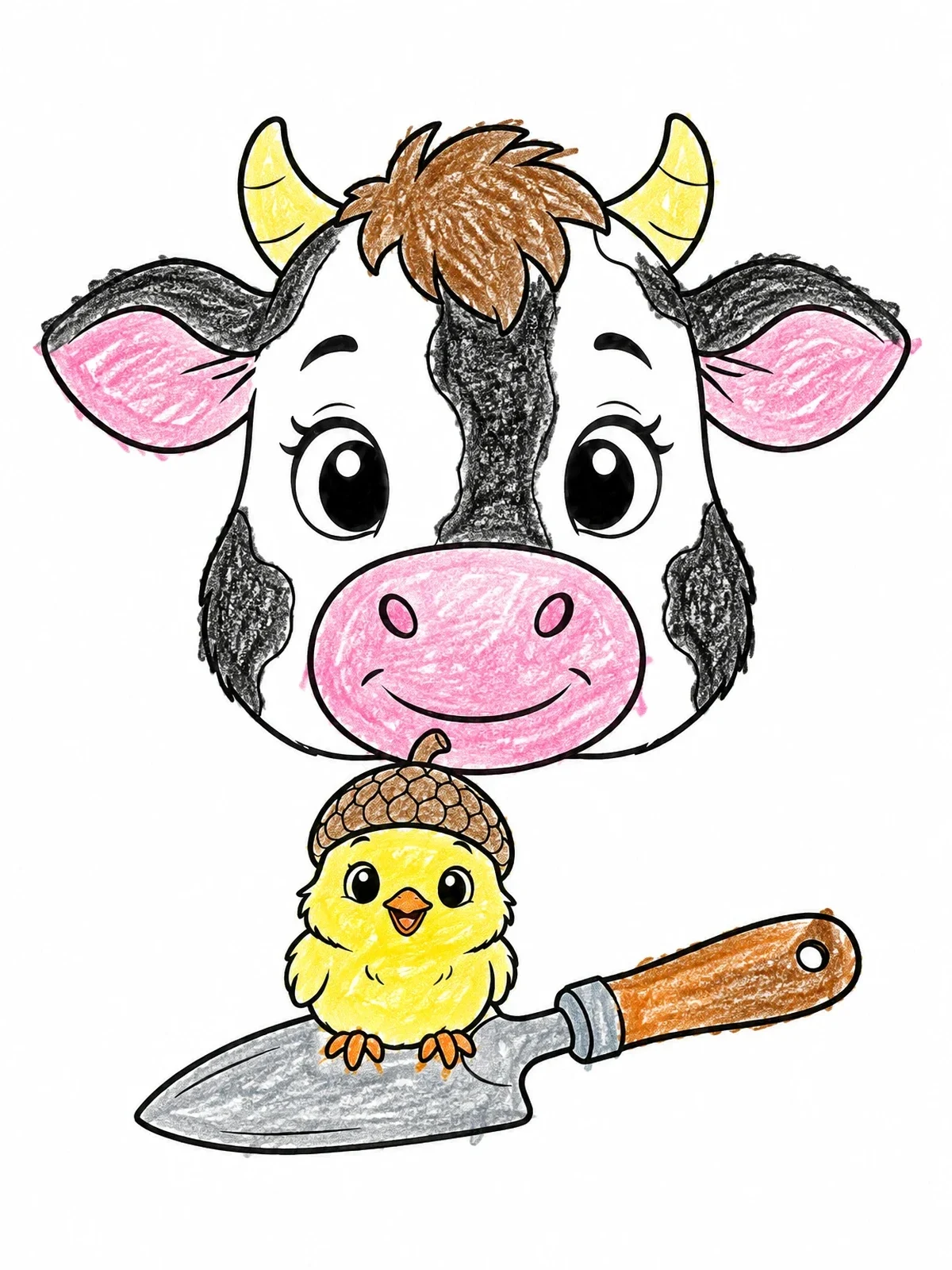 Colored example of the Cute Cow And Chick With Trowel coloring page