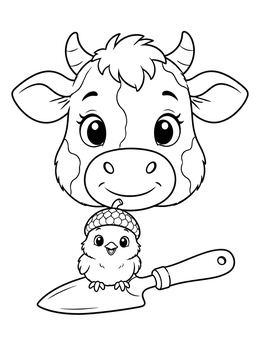 A smiling calf and a chick on a trowel make a sweet farm animals coloring page.