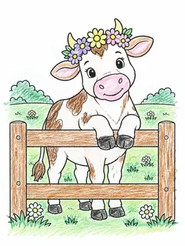 Color Draw Animals Cute Cow With Flower Crown By Fence – Farm Animals Coloring Page