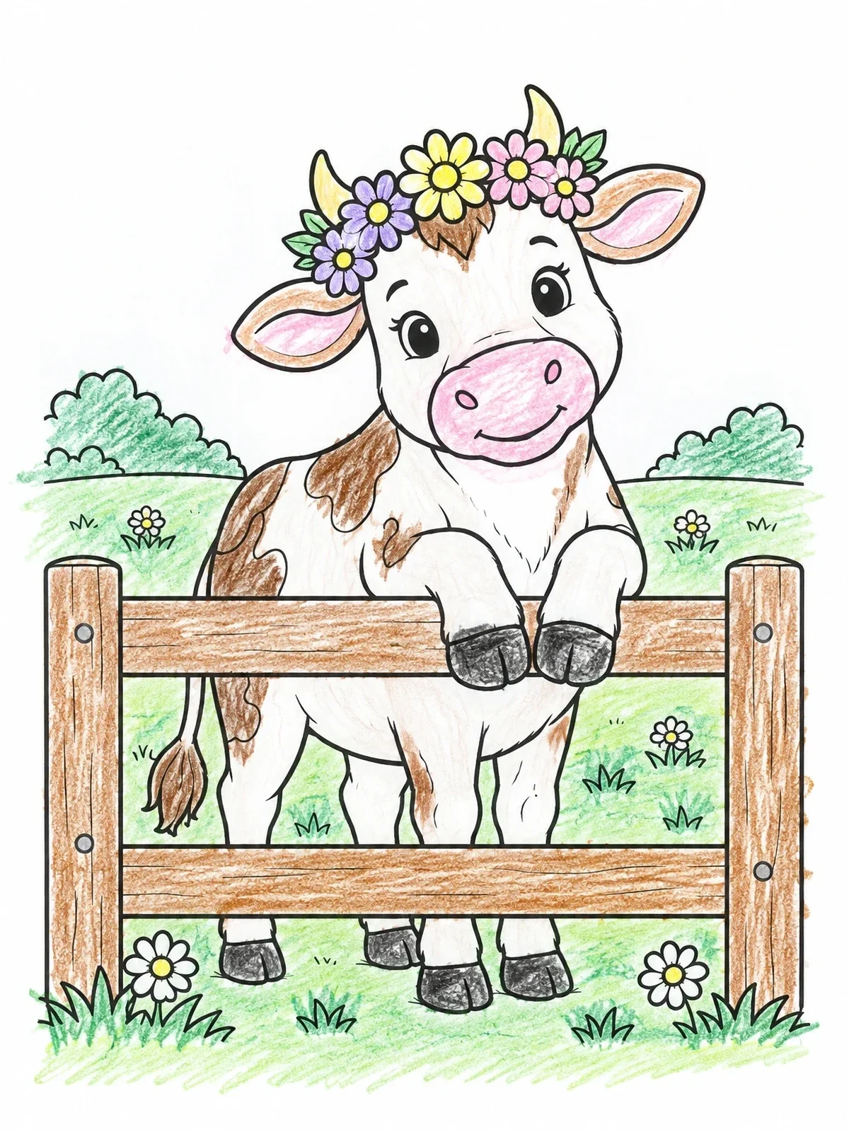 Colored example of the Cute Cow With Flower Crown By Fence coloring page