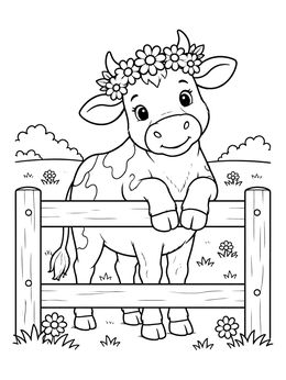 A cute cow with a daisy crown on this farm animals coloring page.
