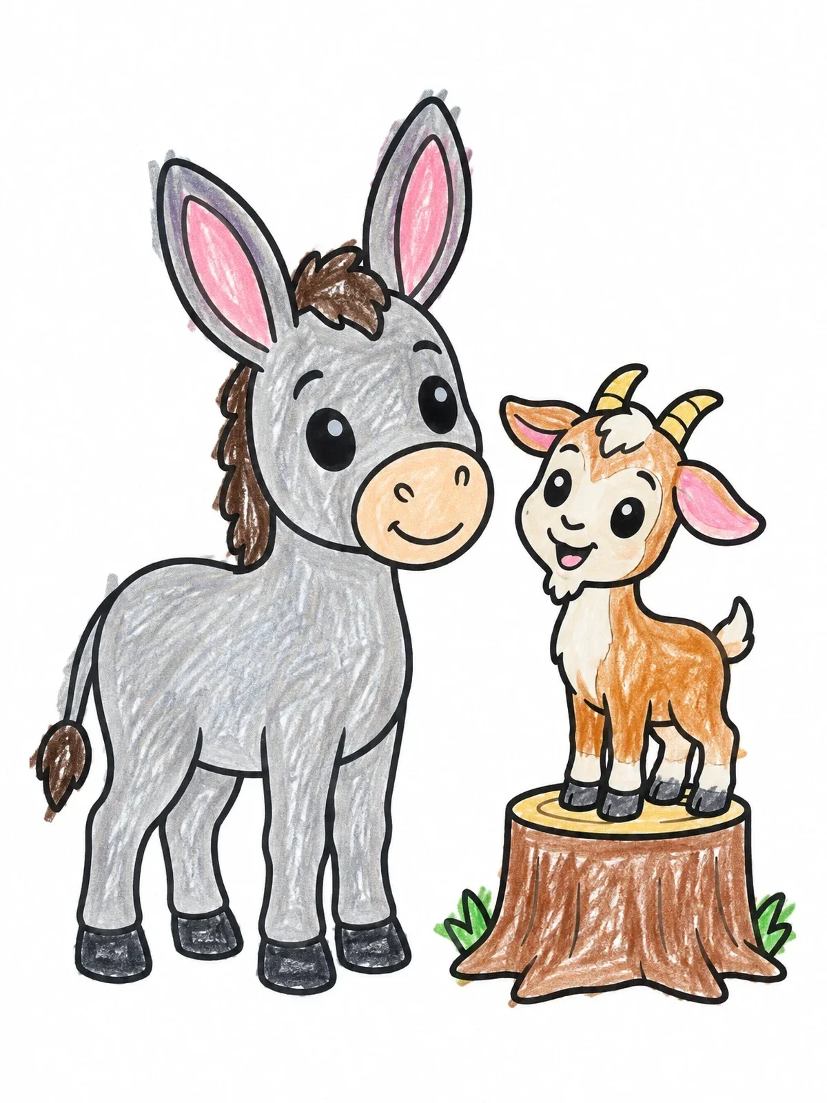 Colored example of the Cute Donkey And Baby Goat On Stump coloring page