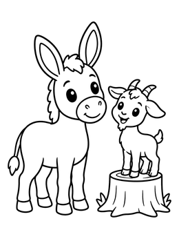 Free printable Cute Donkey And Baby Goat On Stump coloring page