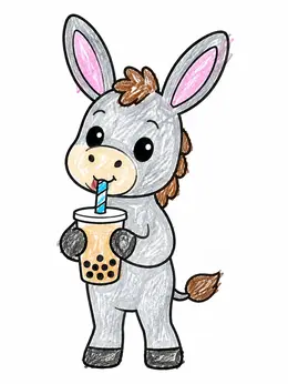 Color Draw Animals Cute Donkey Drinking Boba Tea – Farm Animals Coloring Page