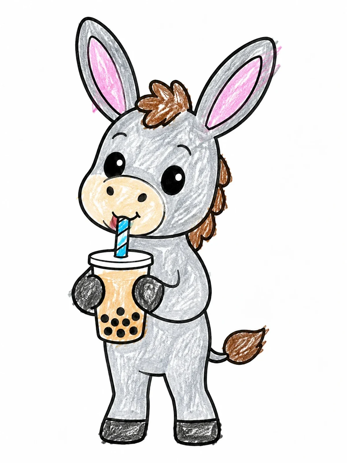 Colored example of the Cute Donkey Drinking Boba Tea coloring page