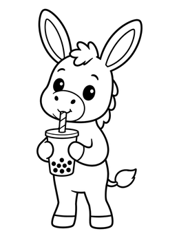 A cute cartoon donkey sips bubble tea in this farm animals coloring page.