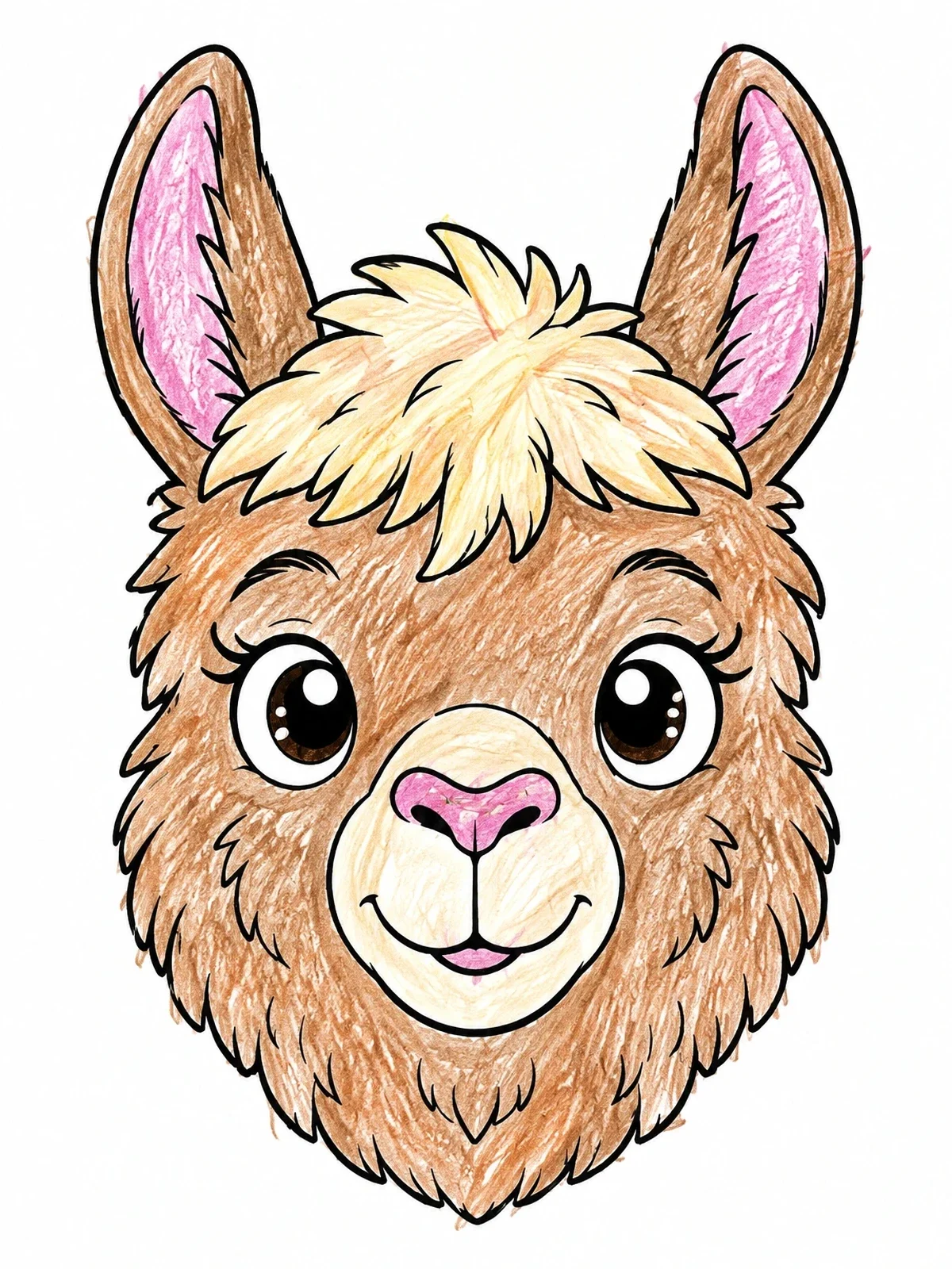 Colored example of the Cute Fluffy Llama Face coloring page