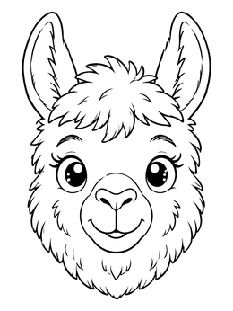 A smiling fluffy alpaca face in this farm animals coloring page for children.