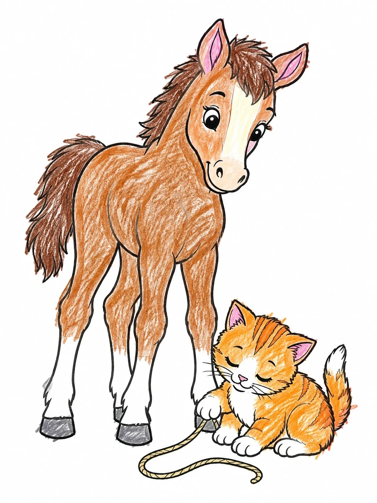Colored example of the Cute Foal And Playful Kitten coloring page