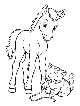 A friendly foal standing by a playful kitten on this farm animals coloring page.