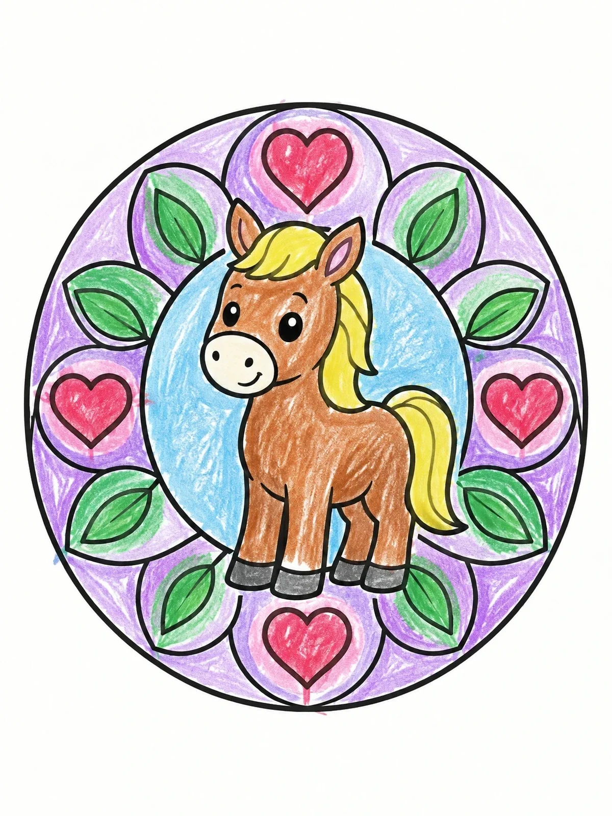 Colored example of the Cute Foal In Heart Mandala coloring page