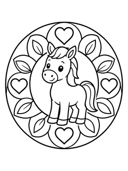 A cute pony stands inside a heart mandala in this farm animals coloring page.