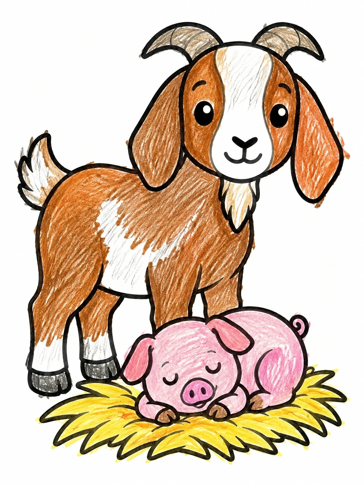 Colored example of the Cute Goat And Sleeping Piglet coloring page