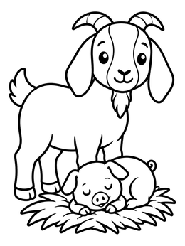A friendly goat watches over a sleeping piglet in this farm animals coloring page.