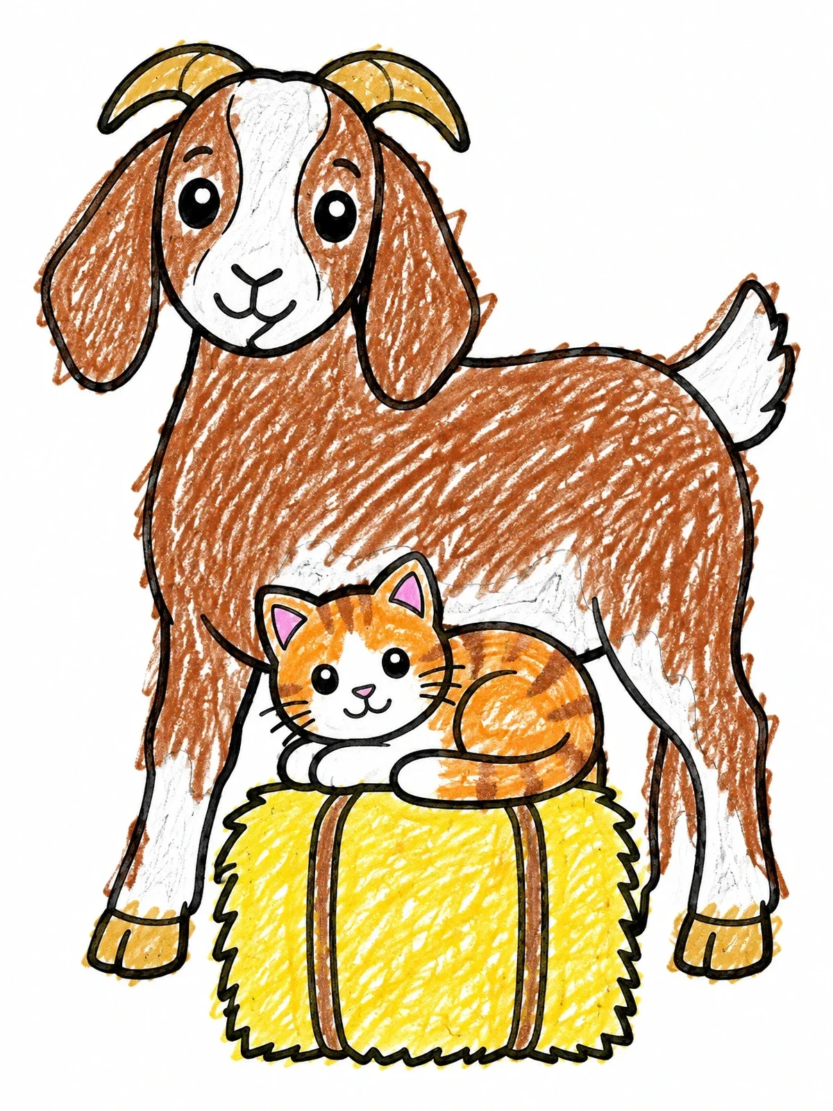 Colored example of the Cute Goat With Kitten On Hay coloring page