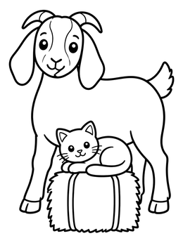 Free printable Cute Goat With Kitten On Hay coloring page
