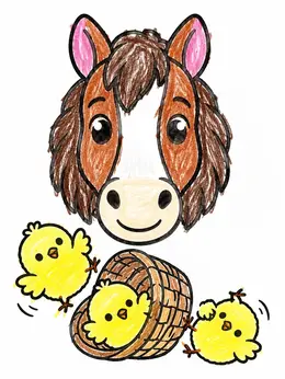 Color Draw Animals Horse Head And Playful Chicks – Farm Animals Coloring Page