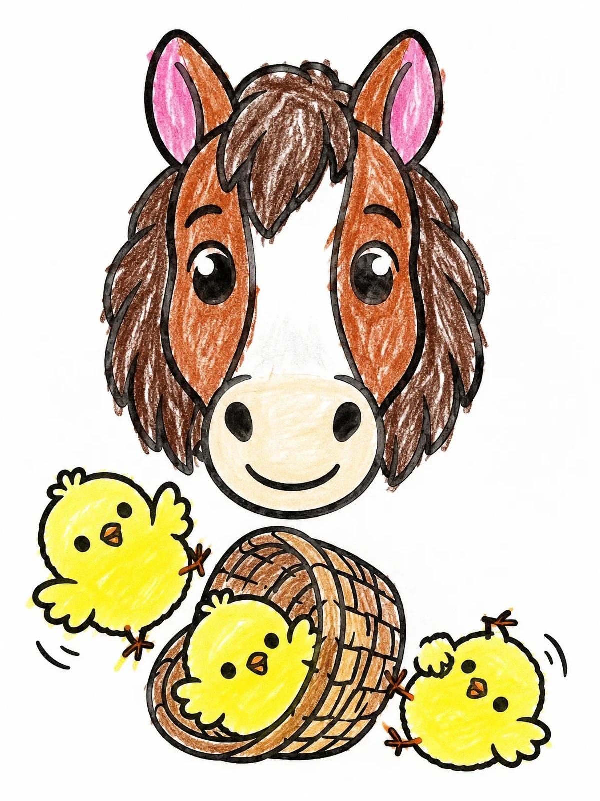 Colored example of the Horse Head And Playful Chicks coloring page