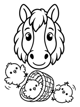 A friendly horse watching chicks on this farm animals coloring page.