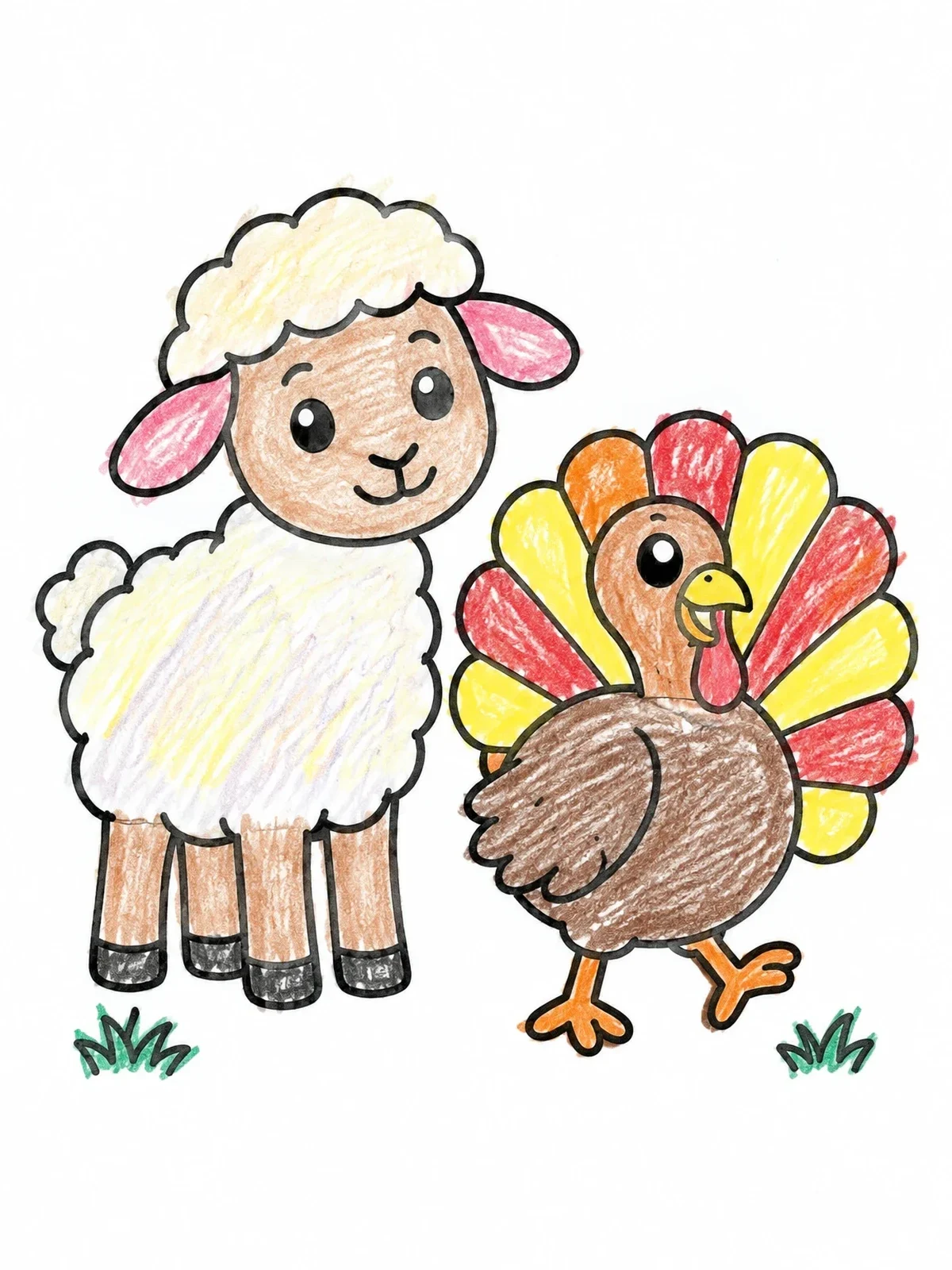 Colored example of the Cute Lamb And Friendly Turkey coloring page