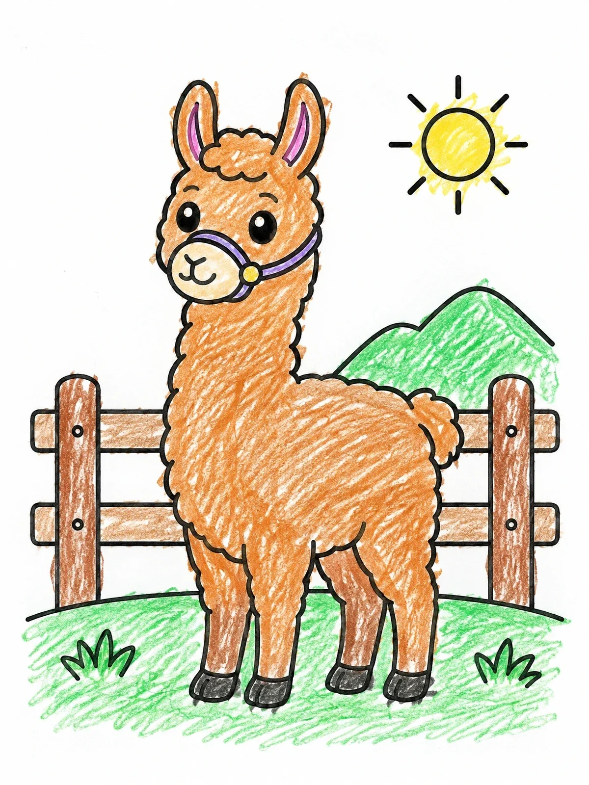 Colored example of the Cute Llama By The Wooden Fence coloring page