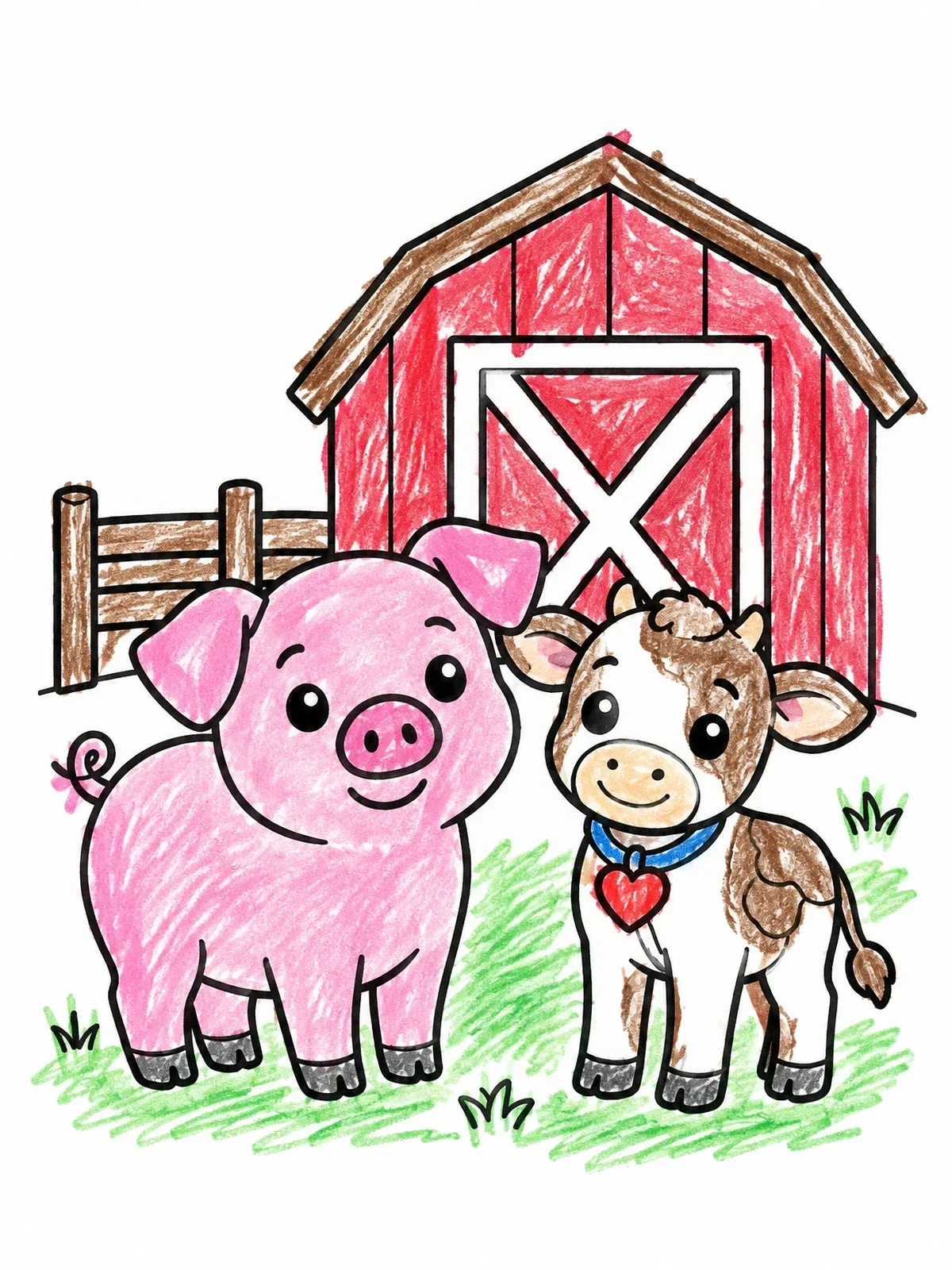 Colored example of the Cute Piglet And Calf By Barn coloring page