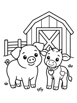 A sweet piglet and calf on a farm animals coloring page outside a barn.