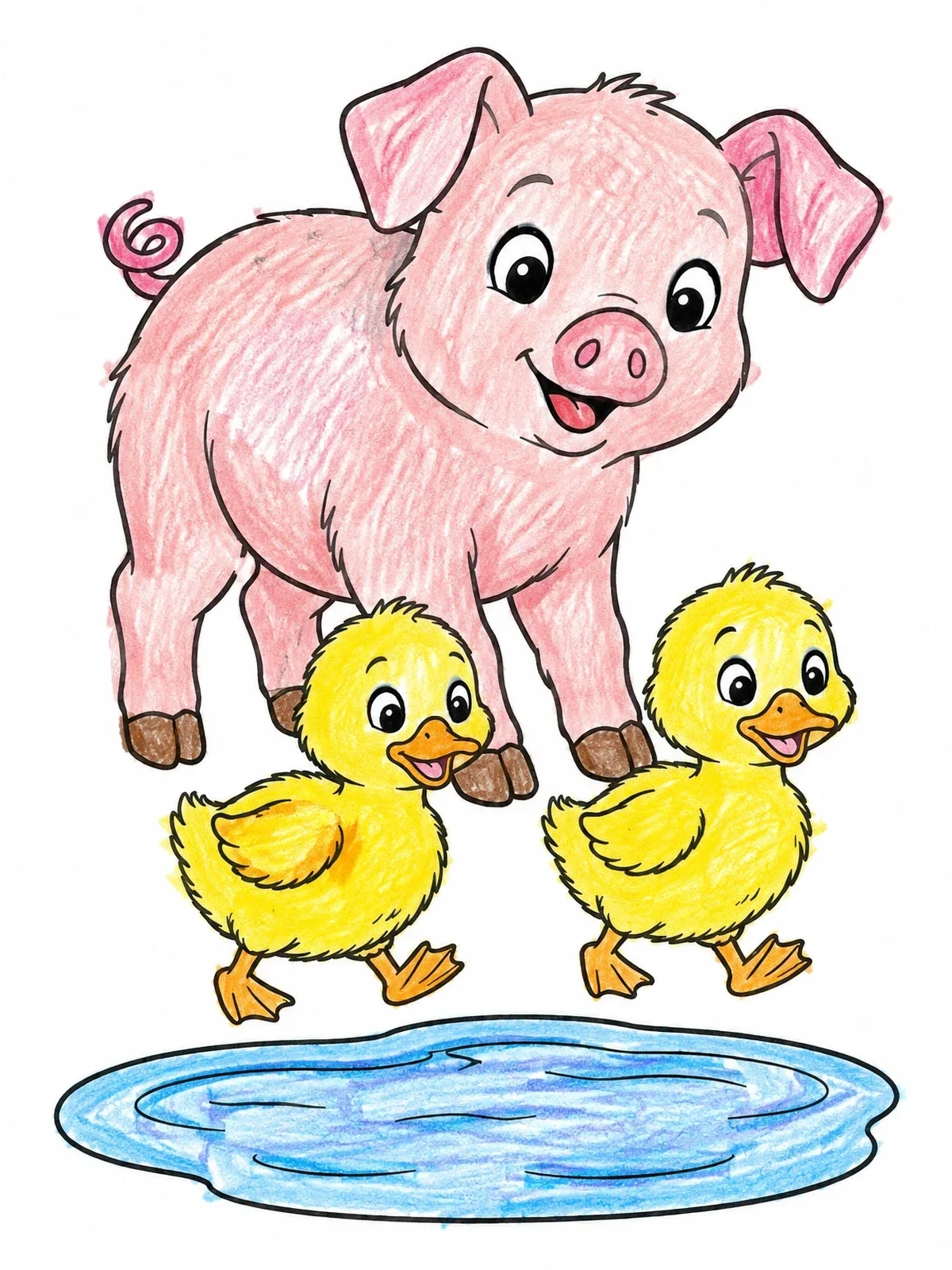 Colored example of the Cute Piglet With Two Ducklings coloring page
