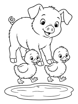 A piglet and two ducklings near a puddle in a cute farm animals coloring page.