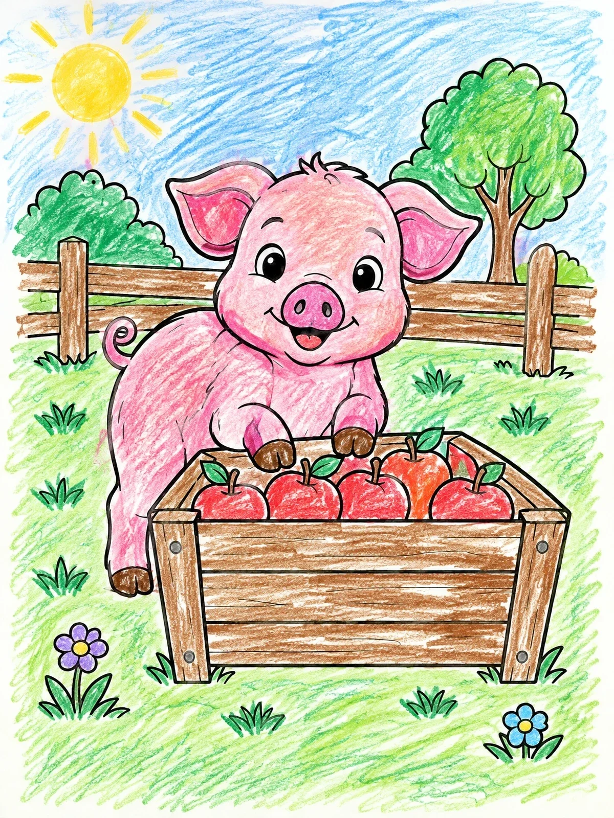 Colored example of the Cute Piglet With Apple Crate coloring page
