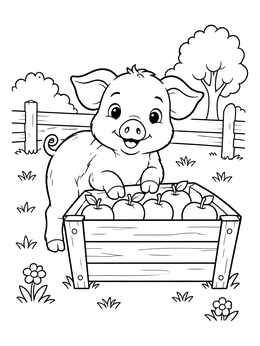 A cute piglet on this farm animals coloring page rests near a wooden crate full of fresh apples.