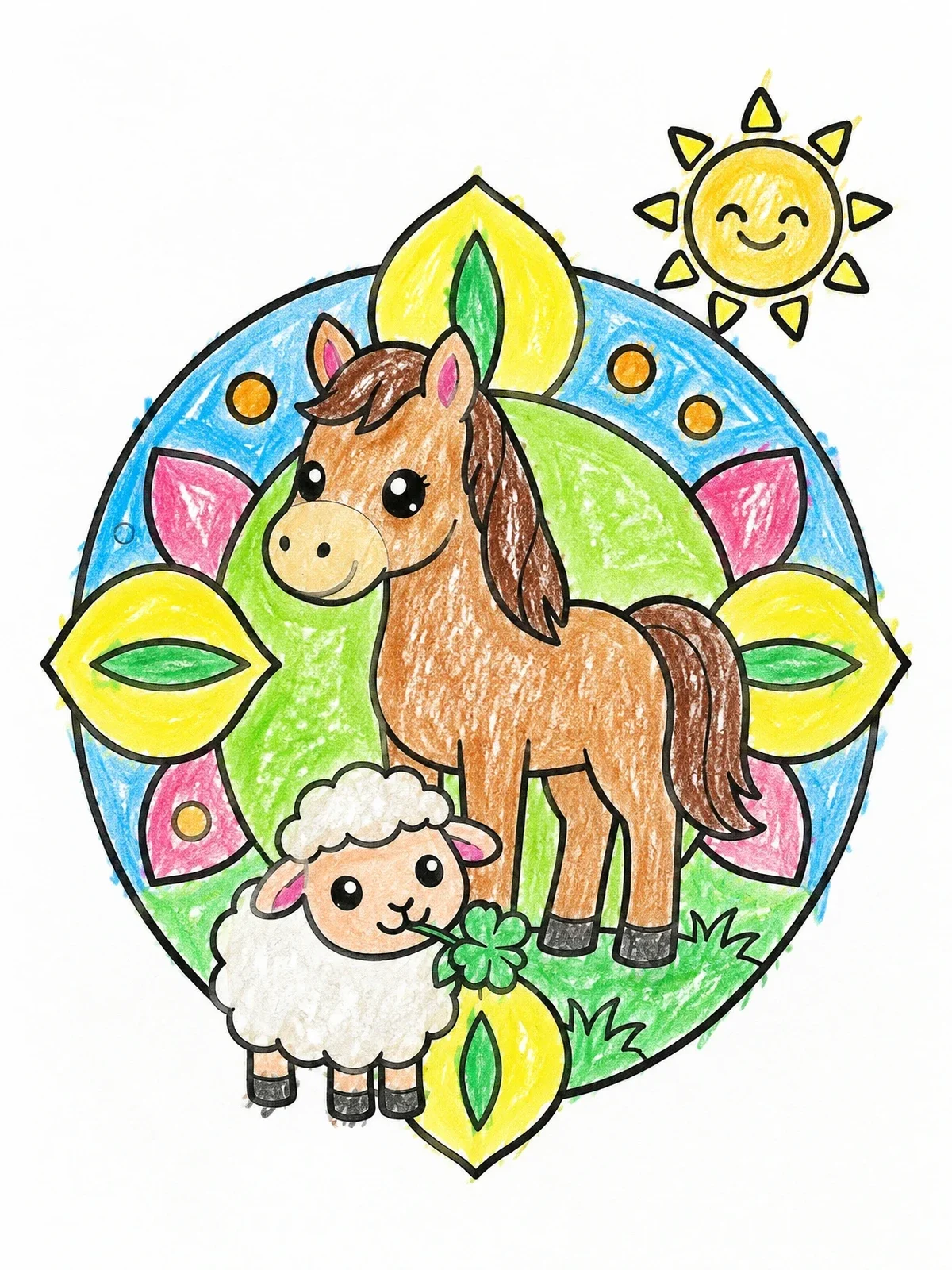 Colored example of the Cute Pony And Lamb With Sun coloring page