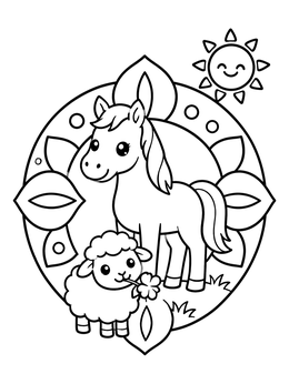 Free printable Cute Pony And Lamb With Sun coloring page