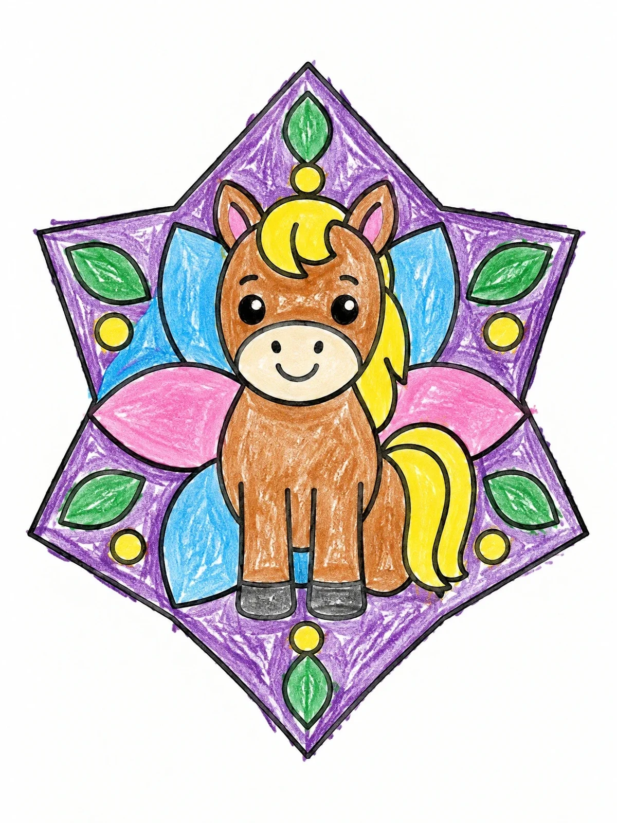 Colored example of the Cute Pony In Star Mandala coloring page