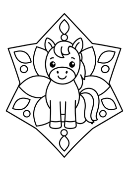 A cute pony in a farm animals coloring page star mandala.