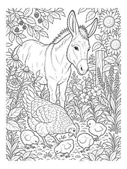 A donkey, hen, and little chicks in a farm animals coloring page surrounded by lush plants.