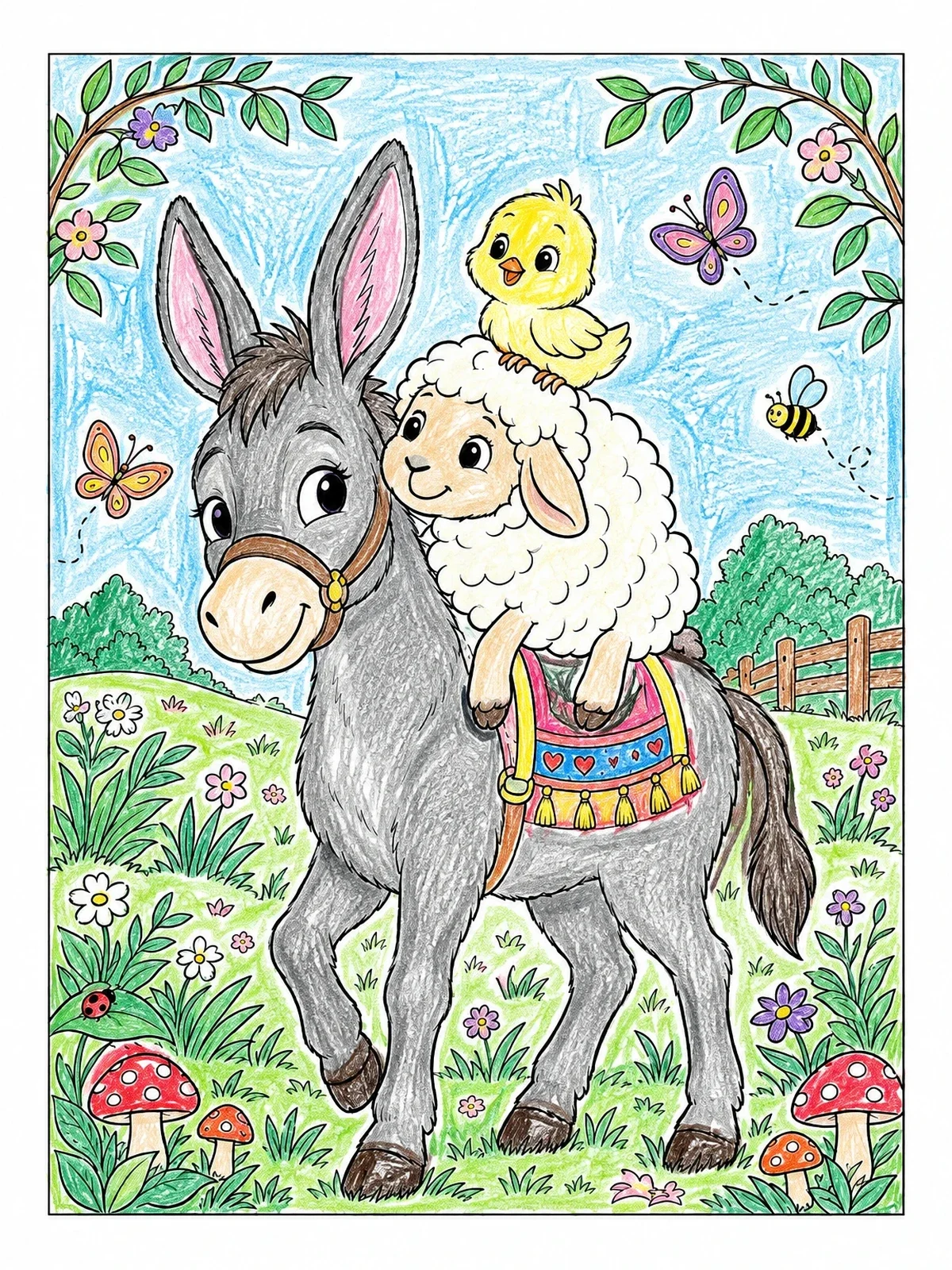 Colored example of the Donkey, Lamb, And Little Chick coloring page